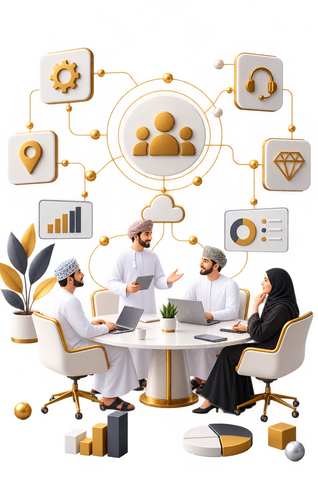 Illustration of the Golden Logic team building digital solutions